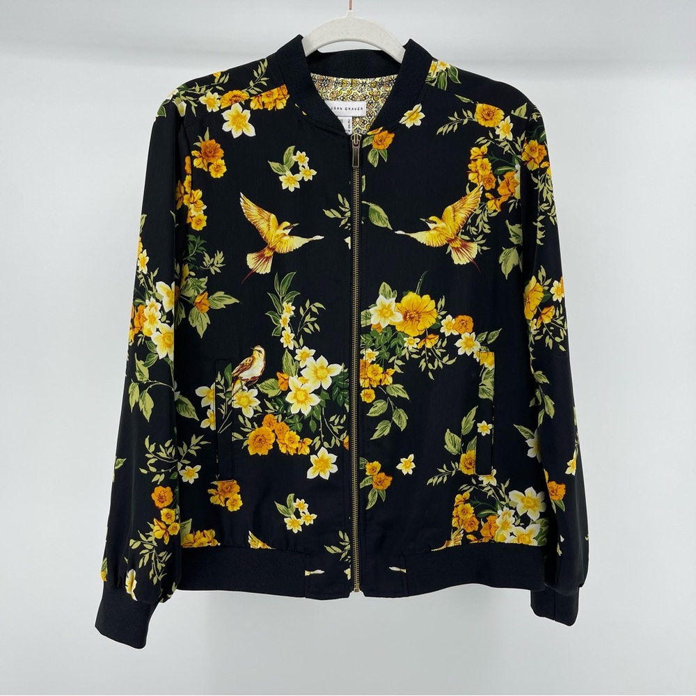 Susan Graver Bird Floral Print Bomber Jacket in Black/Yellow, Women's Small